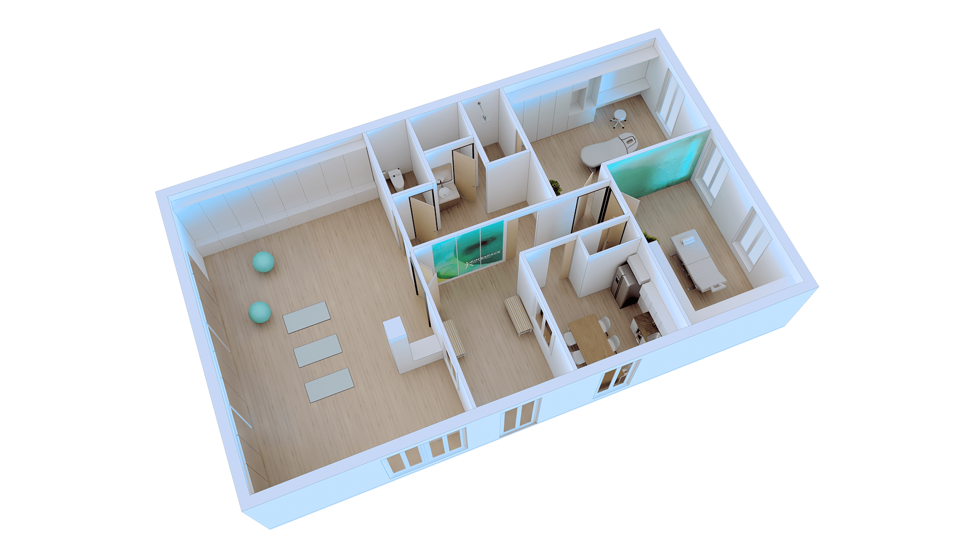 Wellness clinic complete floorplan rendering from a different angle, designed by Beatrice Leupold Wellness clinic complete floorplan rendering from a different angle, designed by Beatrice Leupold