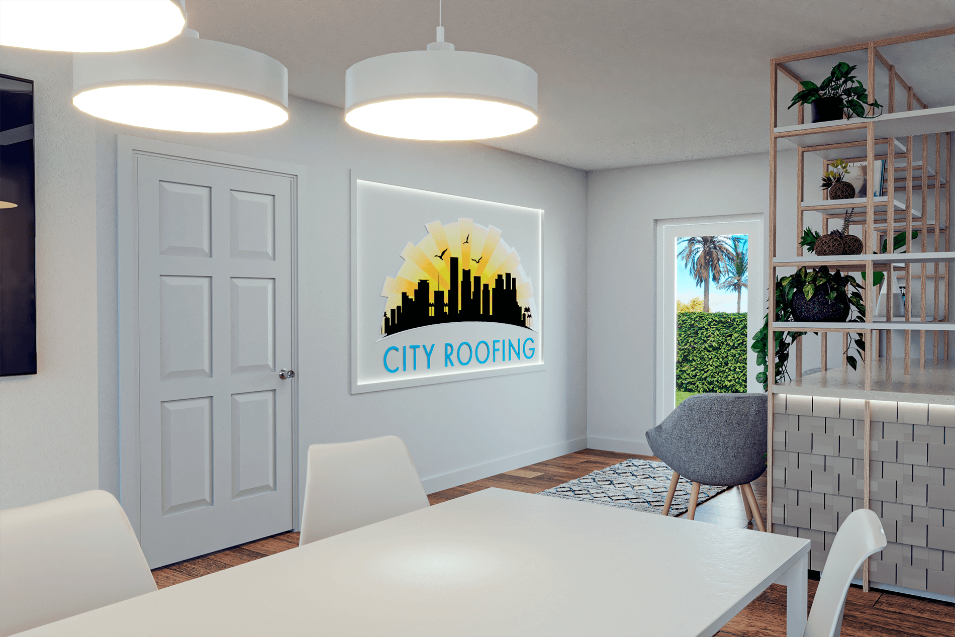 Modular Business Office - lobby entrance with city roofing logo on the wall, designed by Beatrice Leupold Modular Business Office - lobby entrance with city roofing logo on the wall, designed by Beatrice Leupold