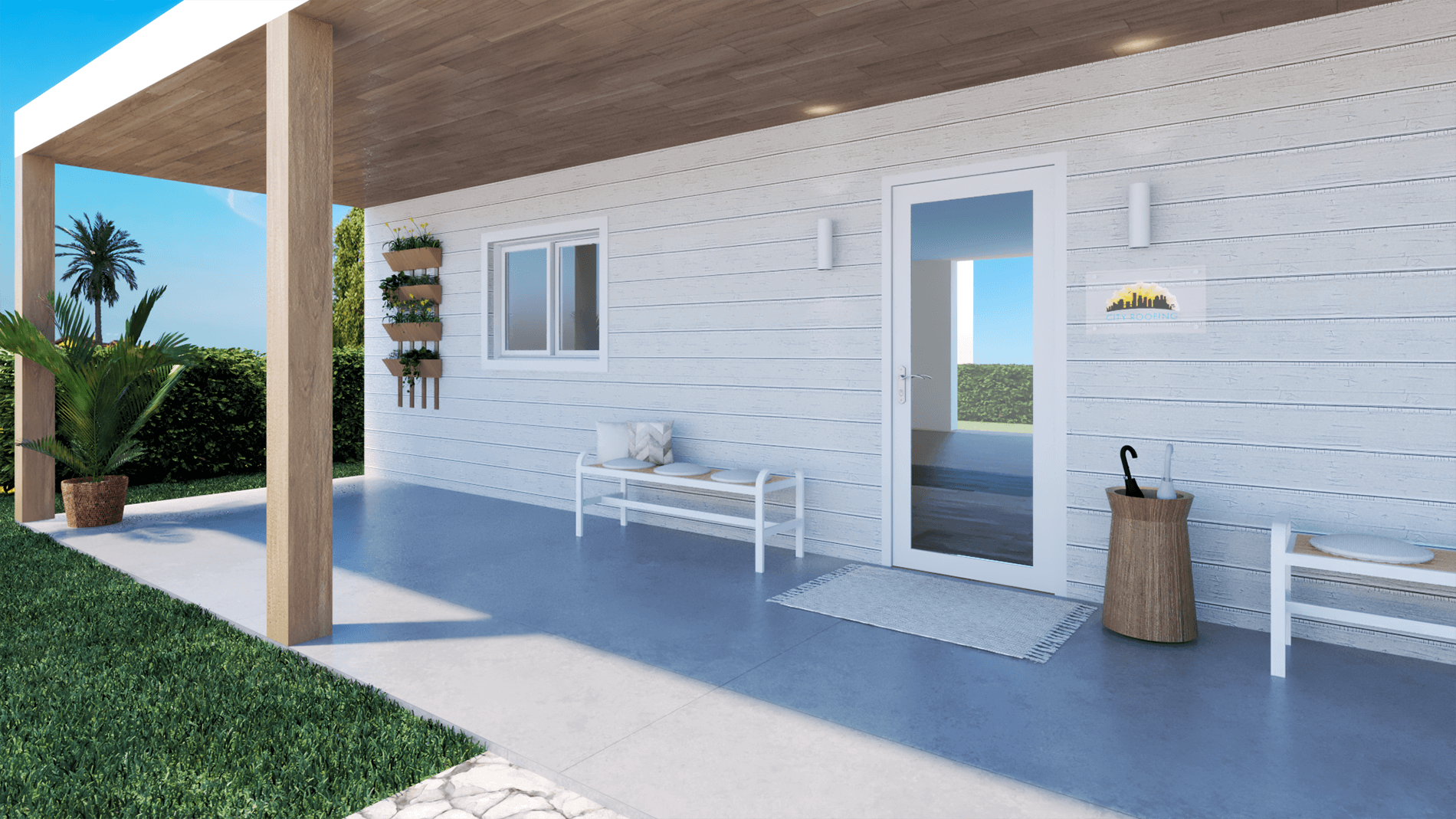 Modular Business Office - view of the front porch, designed by Beatrice Leupold Modular Business Office - view of the front porch, designed by Beatrice Leupold