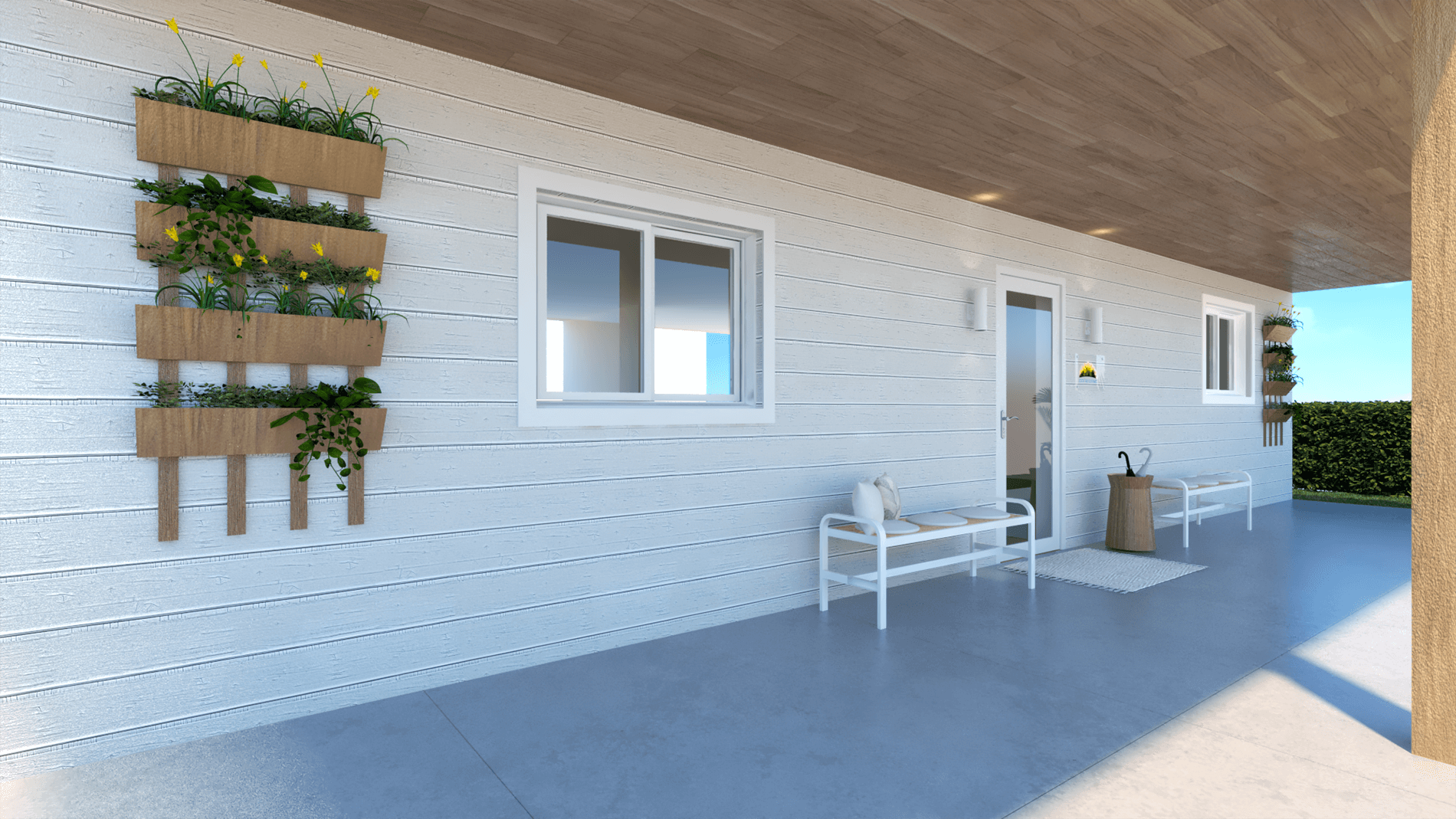 Modular Business Office - view of the front porch with wooden roof, designed by Beatrice Leupold Modular Business Office - view of the front porch with wooden roof, designed by Beatrice Leupold