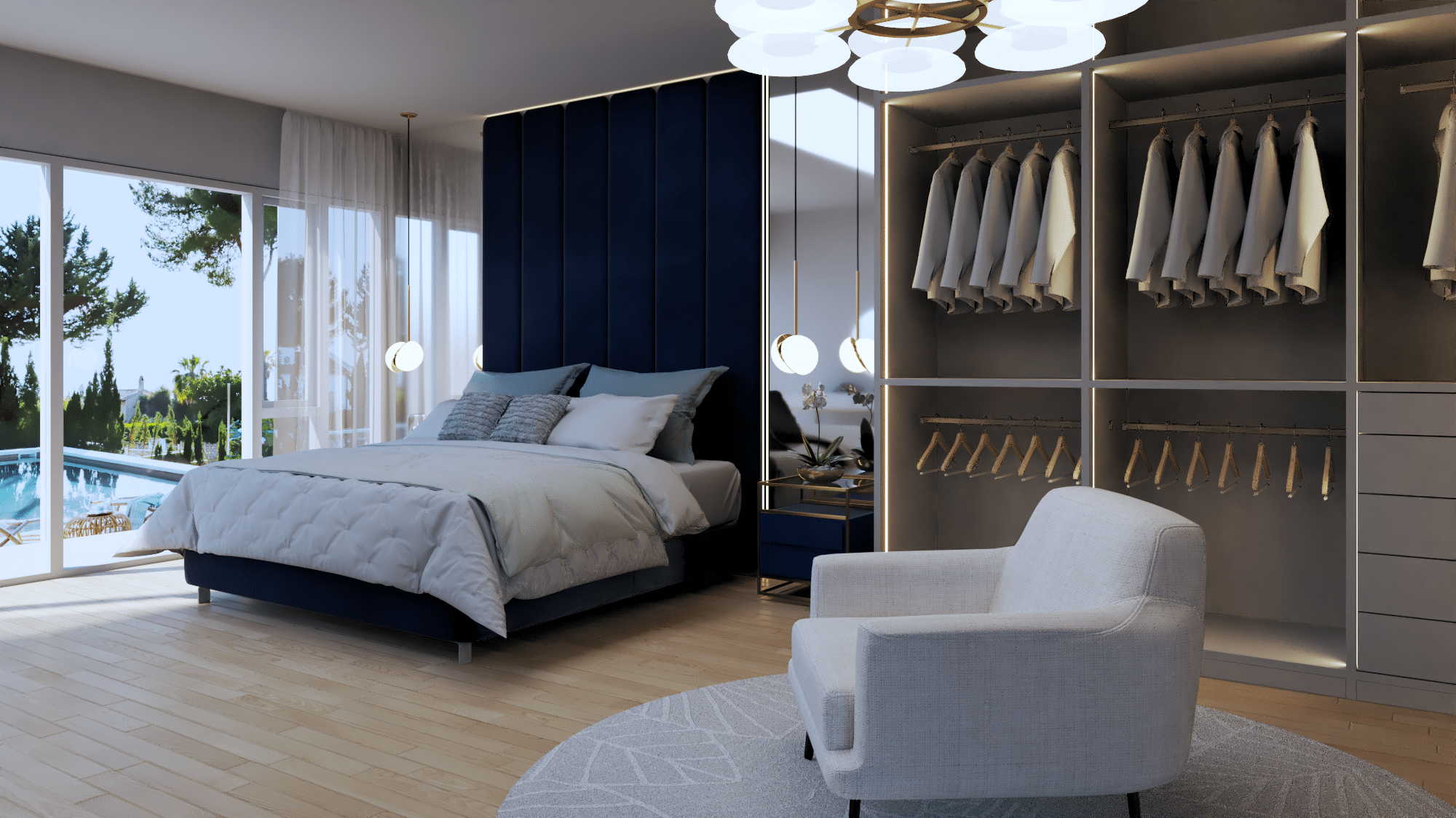 Coral Gables renovation, main bedroom renovation with an open closet next to the bed, designed by Beatrice Leupold Coral Gables renovation, main bedroom renovation with an open closet next to the bed, designed by Beatrice Leupold